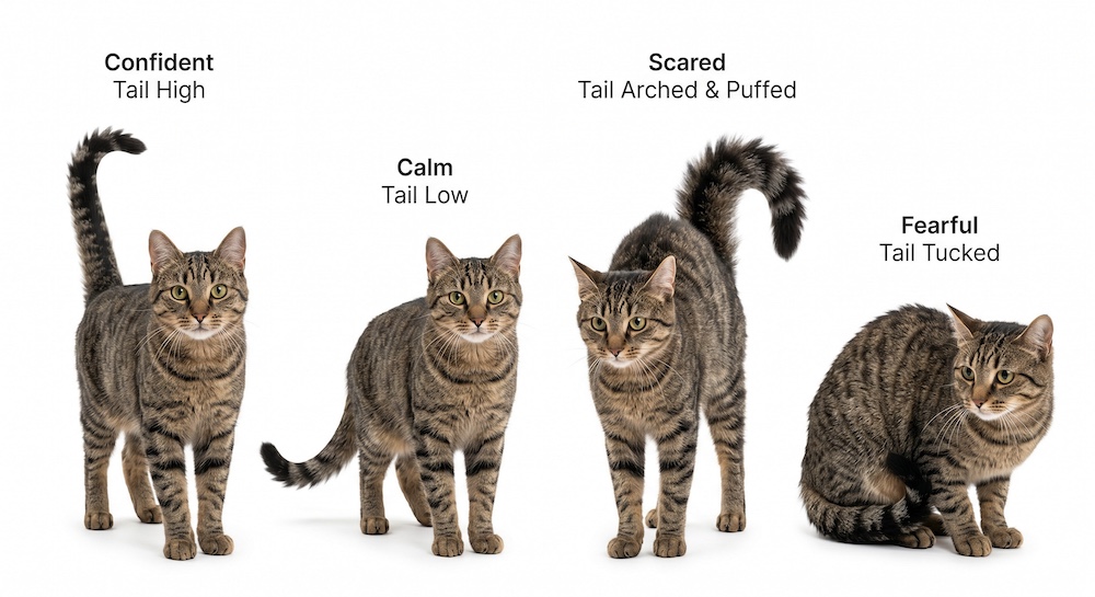 Four cats showing different tail positions โ upright, low, puffed, and tucked โ representing the range of emotional states communicated through tail position