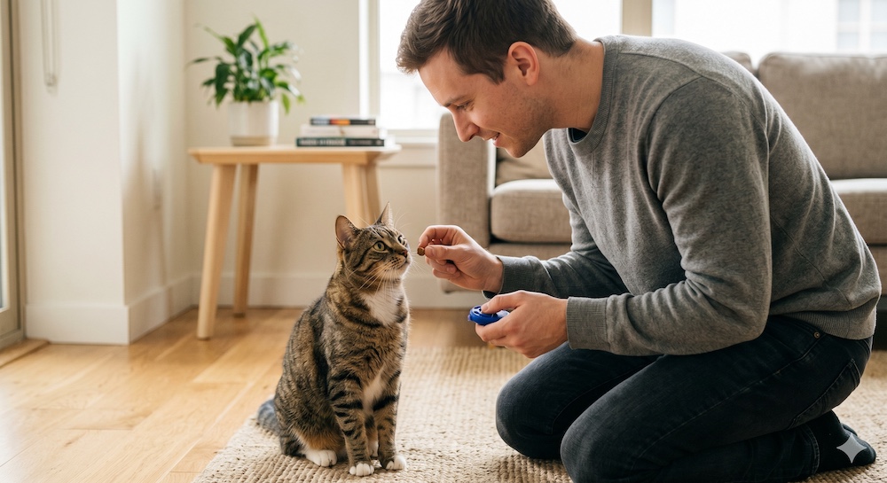 Cat performing a sit command during a training session, demonstrating the result of clicker training for cats