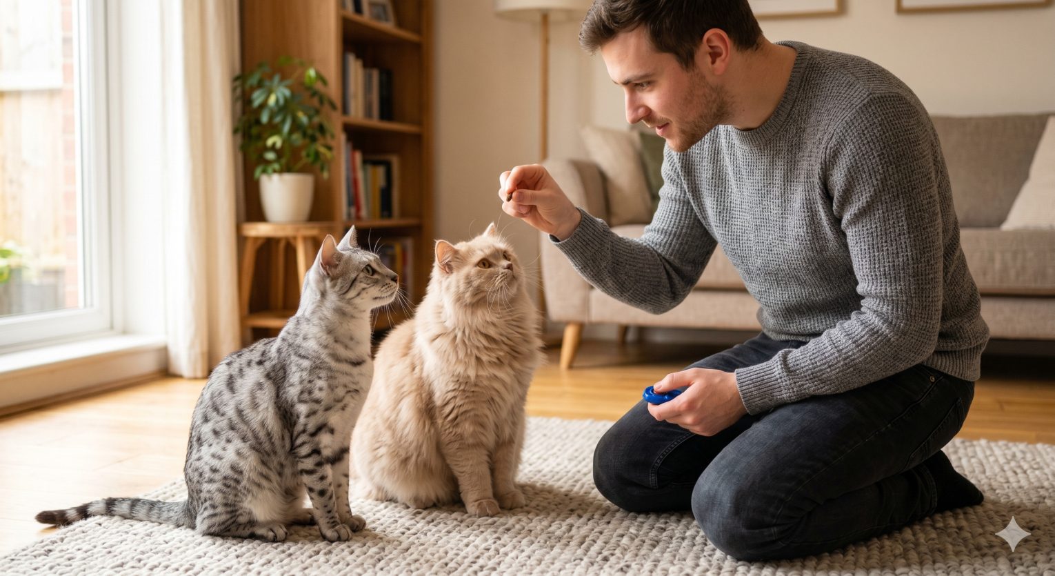 Confident cats engaging with its owner during a positive reinforcement training session, representing the bond-building potential of cat training