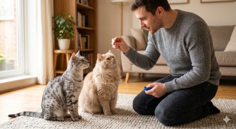 Confident cats engaging with its owner during a positive reinforcement training session, representing the bond-building potential of cat training
