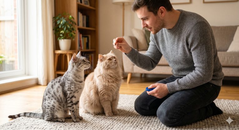 Confident cats engaging with its owner during a positive reinforcement training session, representing the bond-building potential of cat training