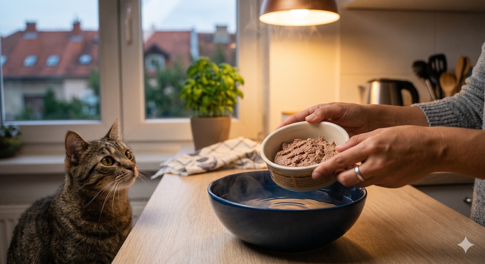 Person warming a bowl of wet cat food slightly before serving, showing a practical technique to stimulate appetite in cats