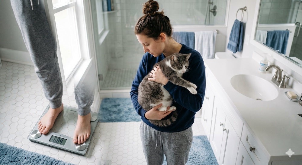 Person holding a cat while standing on a bathroom scale, demonstrating a simple method for monitoring cat weight at home