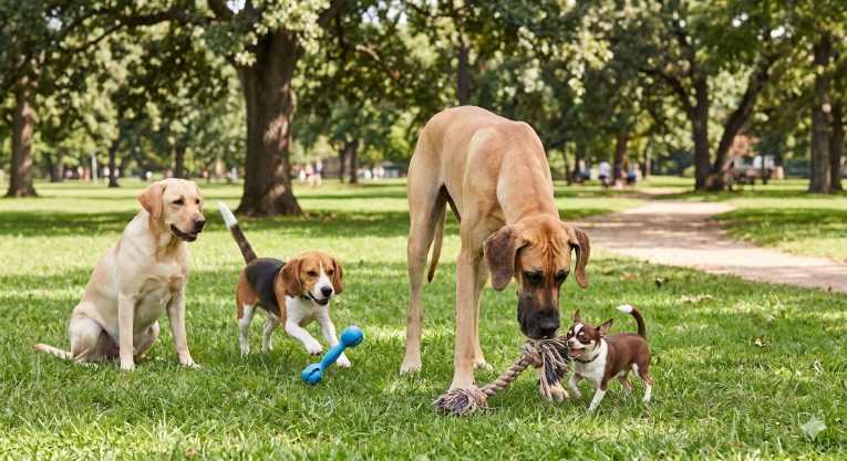 Four dogs of visually different sizes — Chihuahua, Beagle, Labrador, and Great Dane — playing side by side, representing the four main breed size categories