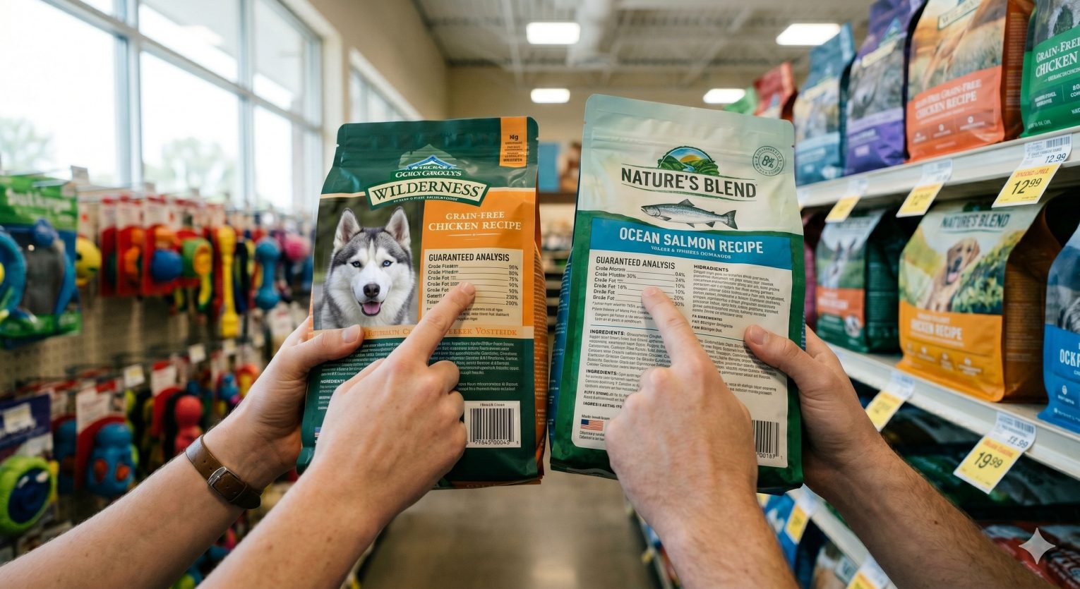 Person comparing two dog food bags in a pet store, reading the labels carefully to evaluate ingredient quality