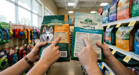 Person comparing two dog food bags in a pet store, reading the labels carefully to evaluate ingredient quality