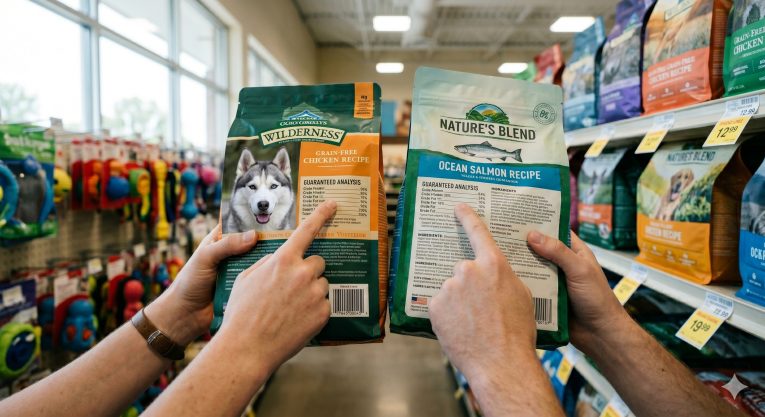 Person comparing two dog food bags in a pet store, reading the labels carefully to evaluate ingredient quality
