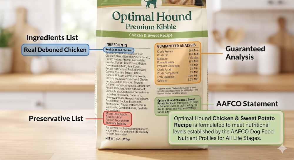 Close-up of a dog food label with key sections highlighted β AAFCO statement, ingredient list first ingredient, and guaranteed analysis