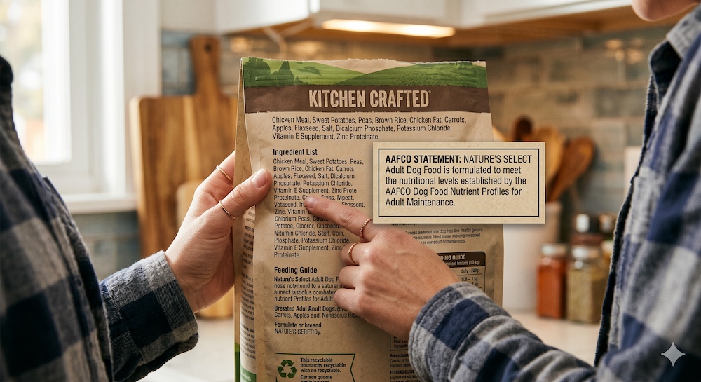 Close-up of hands reading a dry dog food bag label, focusing on the ingredient list and AAFCO nutritional statement