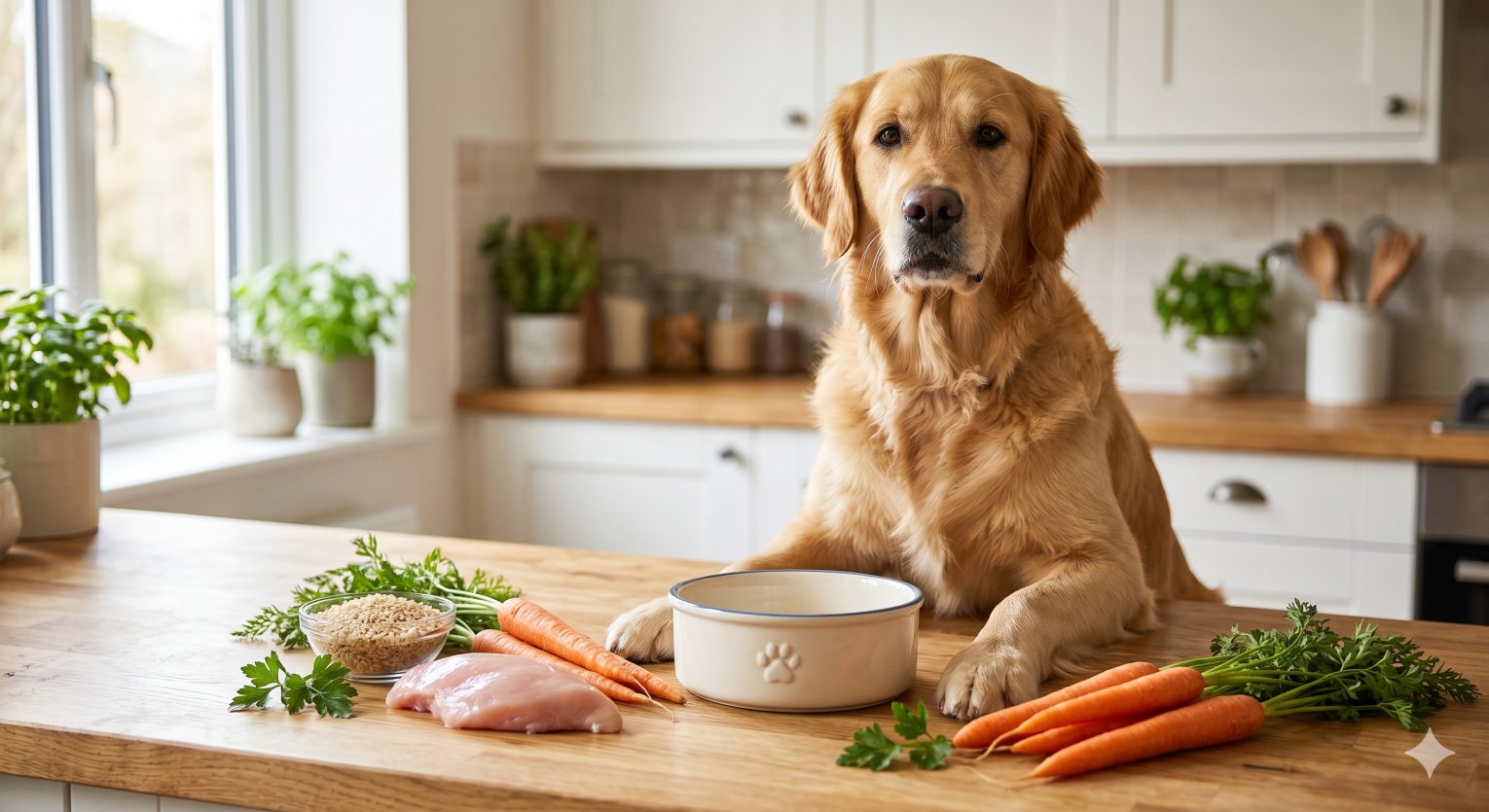 Healthy adult dog sitting next to a bowl of balanced dog food surrounded by fresh ingredients like meat and vegetables, representing the foundations of good canine nutrition