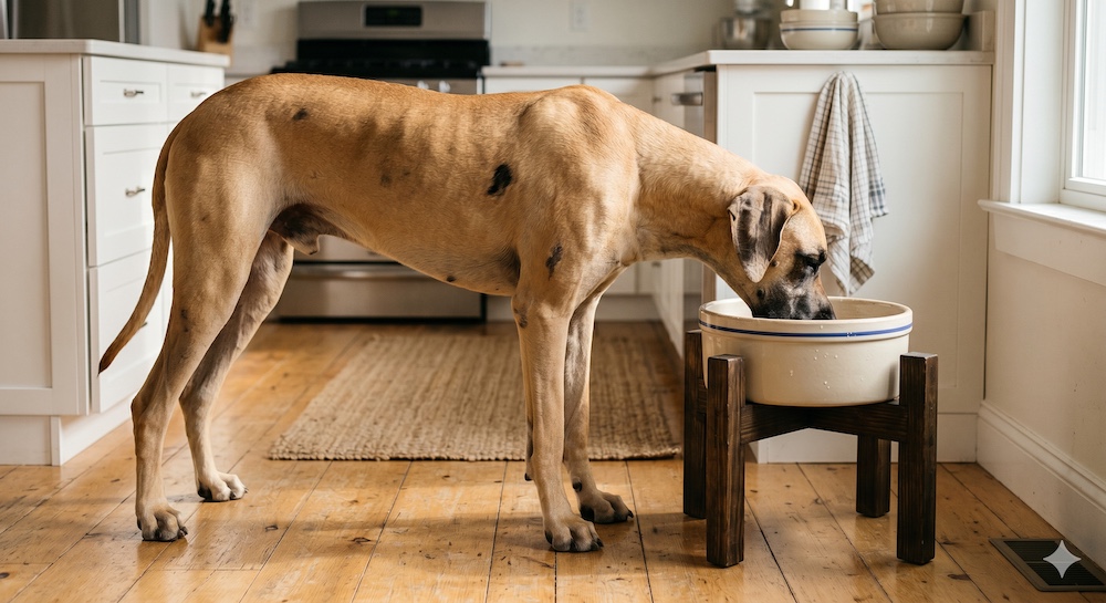 Giant breed dog such as a Great Dane eating from a large elevated bowl, showing the controlled portion feeding required for dogs over 45 kg