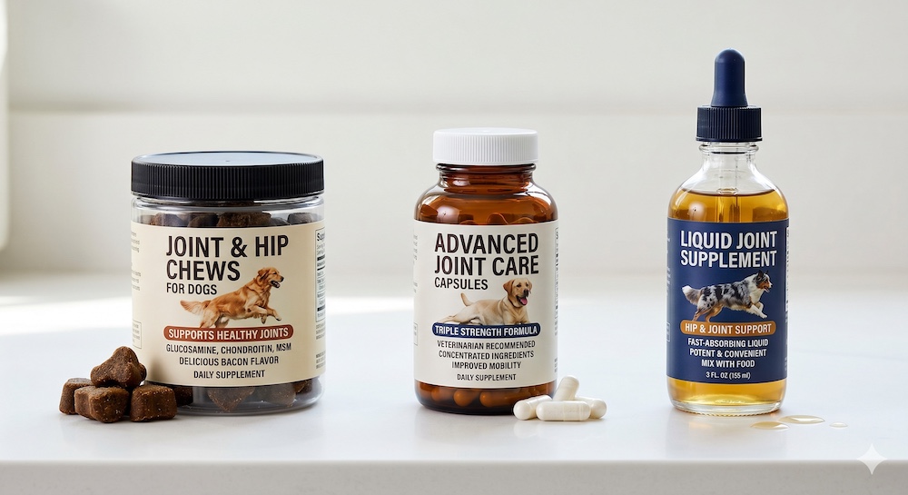 Three top-rated dog joint supplements arranged for comparison โ chews, capsules, and liquid format