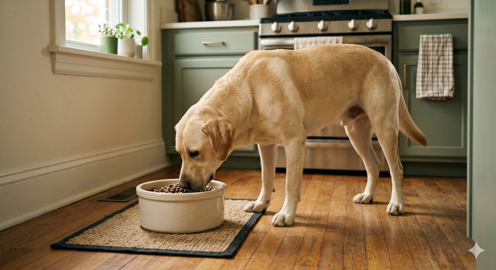 Large breed dog eating from a large bowl of appropriately formulated large breed dog food, showing controlled portion feeding
