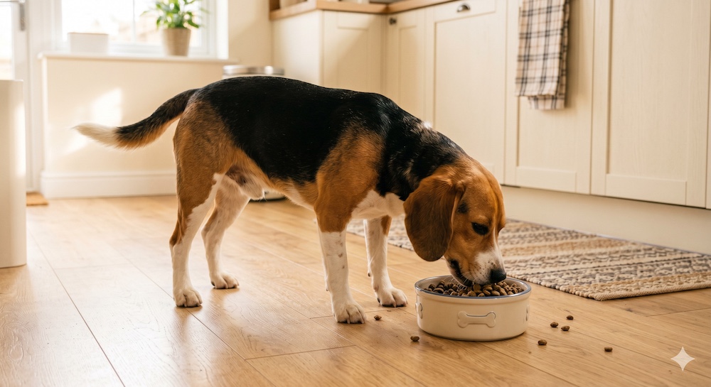 Healthy medium-sized dog eating from a standard ceramic bowl of adult dog food, representing the nutritional flexibility of medium breed dogs