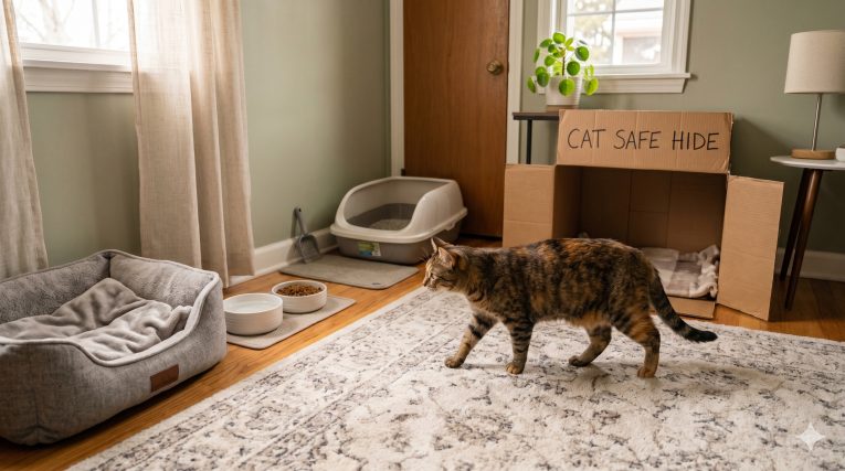 New cat exploring a comfortable safe room setup with bed, litter box, food bowl, and hiding spots, representing the first stage of a safe introduction