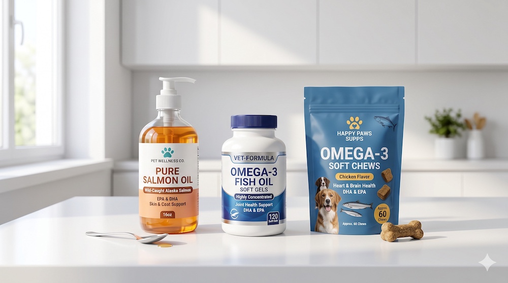 Three top-rated omega-3 dog supplements arranged for comparison — liquid salmon oil, soft gels, and soft chews