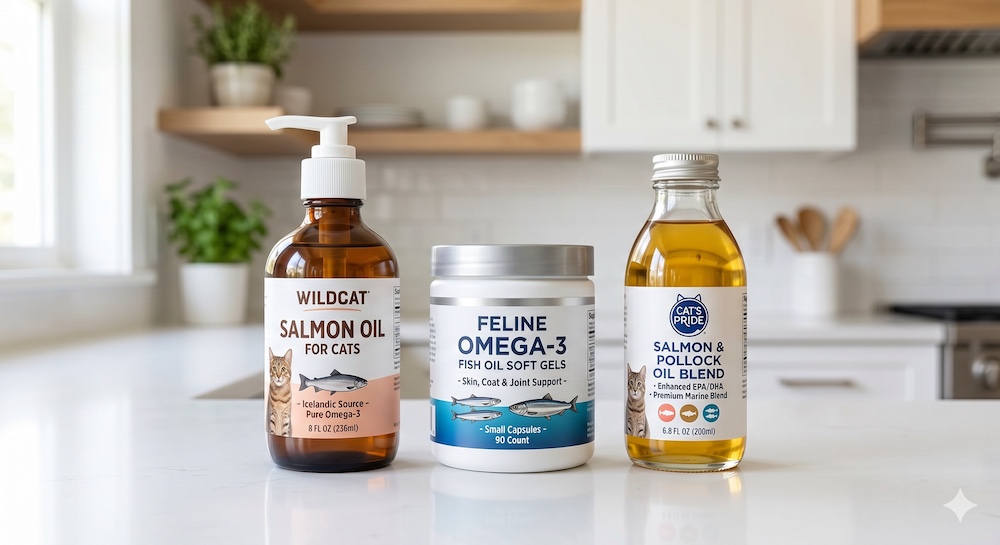 Three top-rated omega-3 supplements for cats arranged for comparison — liquid salmon oil, soft gel capsules, and a combination salmon-pollock oil — showing the main formats available for feline omega-3 supplementation