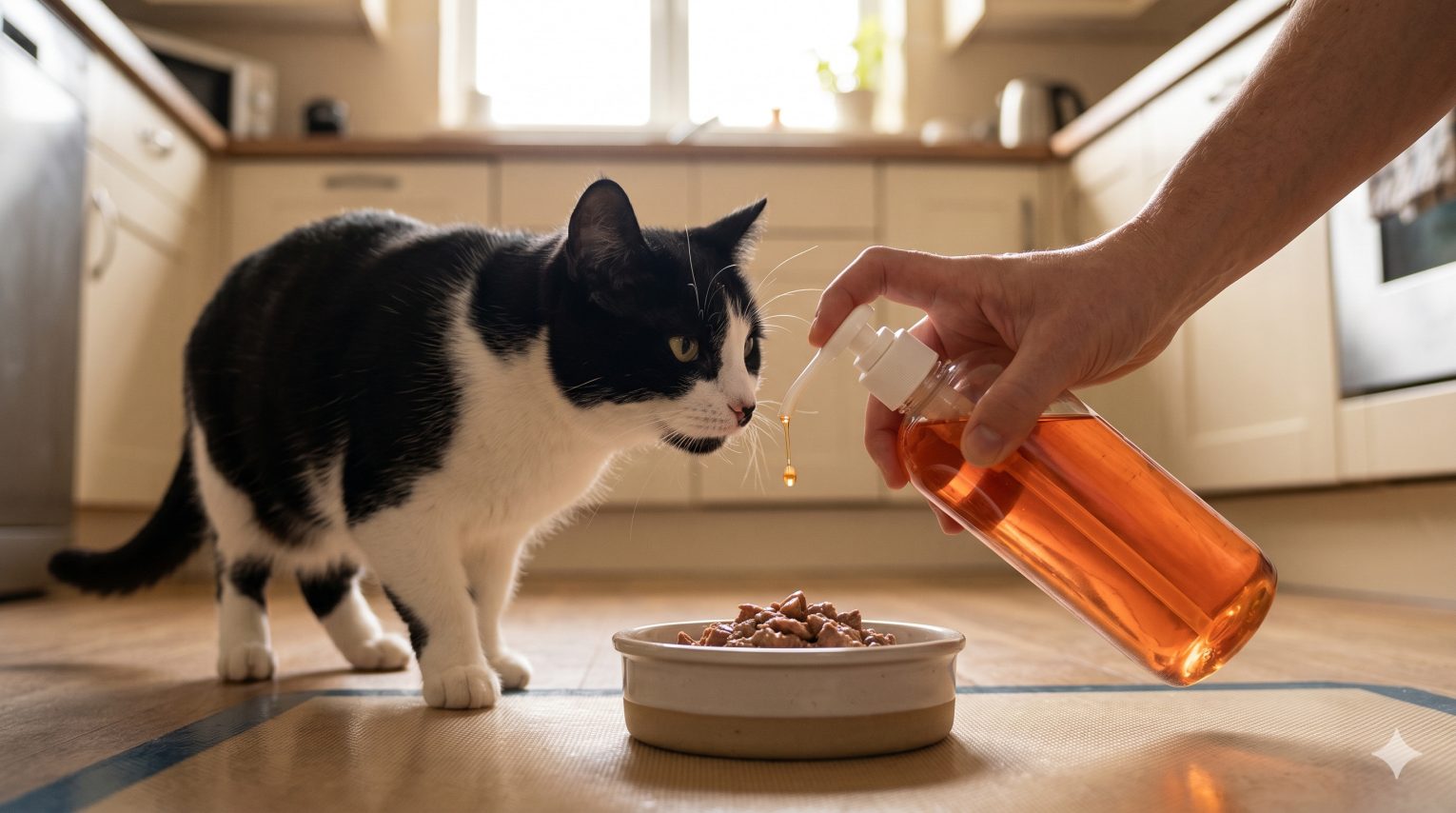 Cat receiving a fish oil supplement from their owner, showing omega-3 supplementation as part of a daily feline care routine