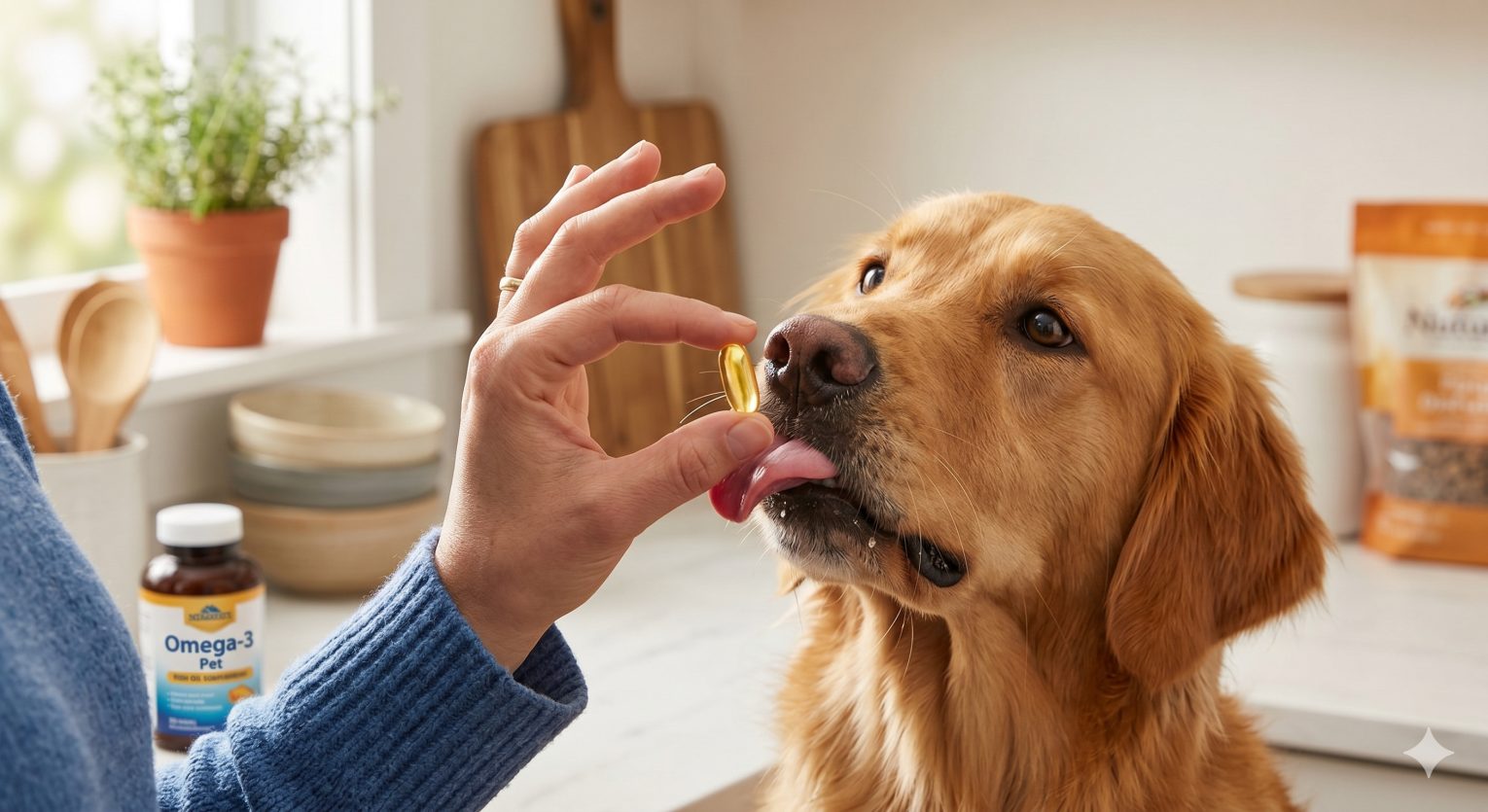 Dog receiving a fish oil supplement from their owner, showing omega-3 supplementation as part of a daily care routine