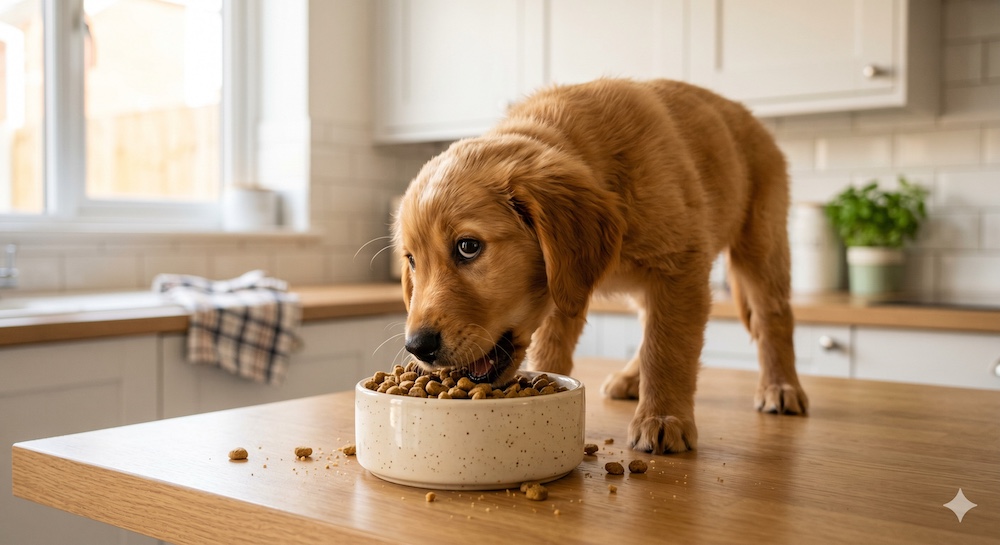 Energetic puppy eating from a bowl of puppy-specific food, representing the high protein and DHA requirements of the rapid growth phase