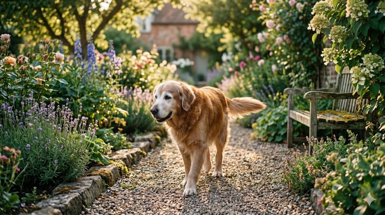 Senior dog moving comfortably in a garden, representing the mobility benefits of joint supplementation in aging dogs