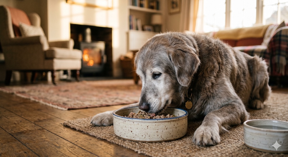 Senior dog with a grey muzzle eating from a bowl, representing the need for highly digestible protein and joint support in aging dogs