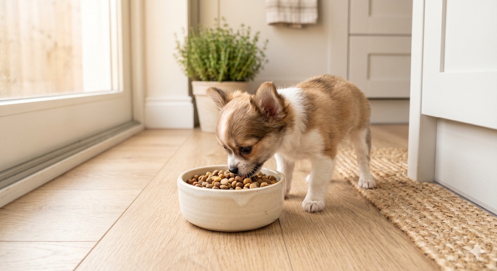 Small dog eating from a bowl of small-sized kibble, representing the specific nutritional needs of toy and small breed dogs