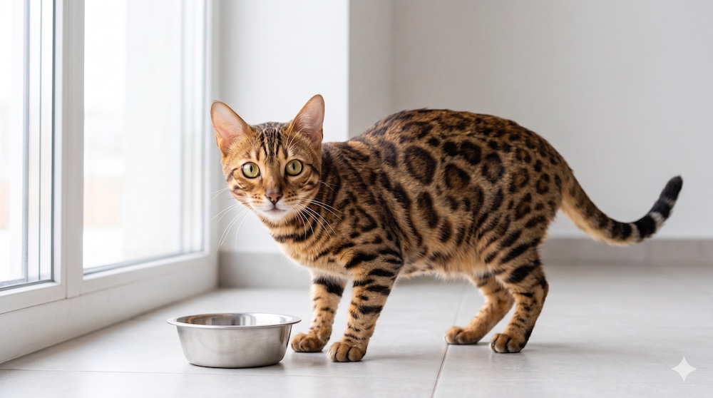 Athletic spotted Bengal cat in a dynamic
pose near a food bowl showing the breed's
high energy and protein requirements