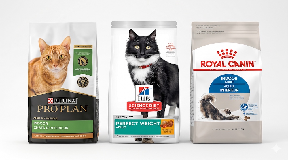Side-by-side comparison of Purina Pro Plan, Hill's Science Diet, and Royal Canin cat food bags showing label differences and brand tiers