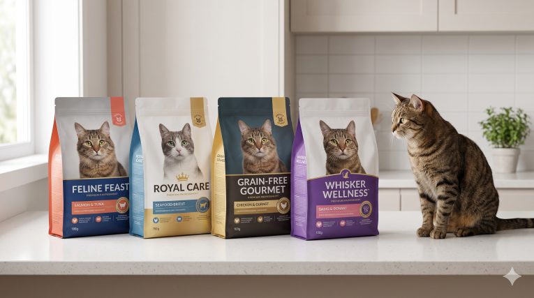 Five bags of top-rated cat food brands arranged on a kitchen counter including Purina Pro Plan and Hill's Science Diet