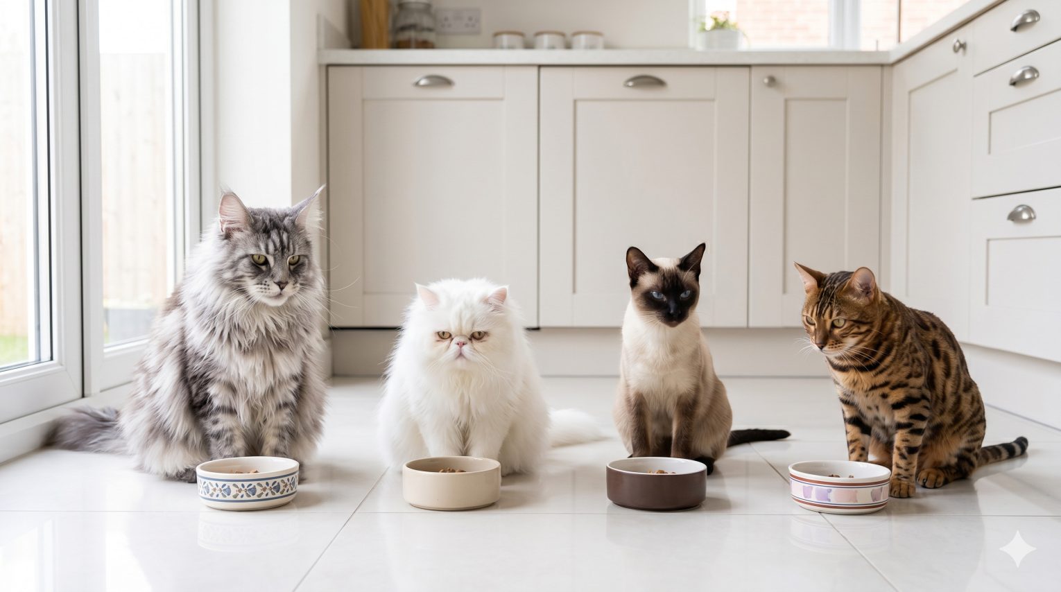 Four different cat breeds sitting near their food bowls—a Maine Coon, Persian, Siamese, and Bengal—showing breed diversity in domestic cats
