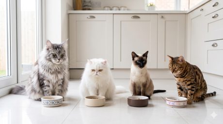 Four different cat breeds sitting near their food bowls—a Maine Coon, Persian, Siamese, and Bengal—showing breed diversity in domestic cats