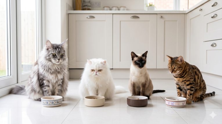 Four different cat breeds sitting near their food bowls—a Maine Coon, Persian, Siamese, and Bengal—showing breed diversity in domestic cats