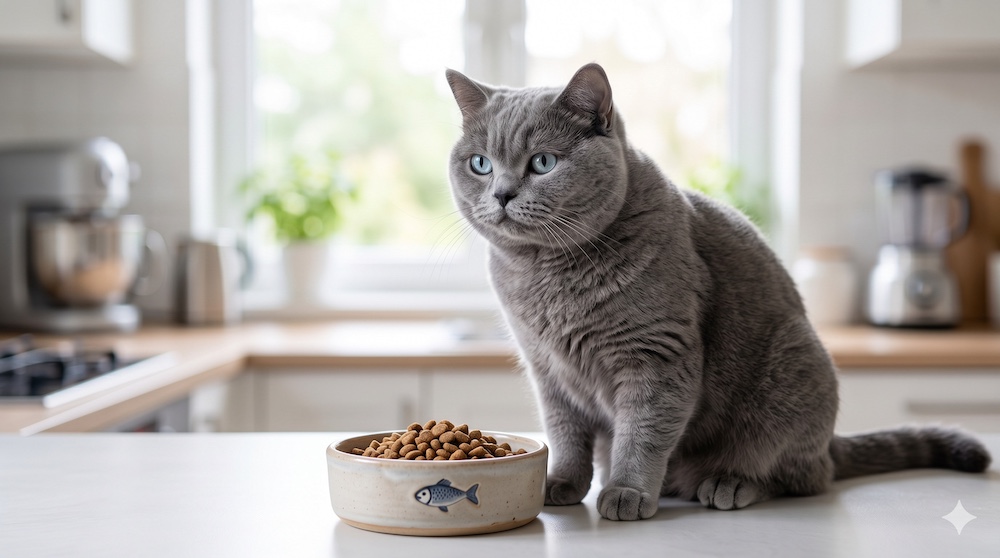 Round-faced British Shorthair cat sitting
next to a measured portion of cat food showing
controlled calorie feeding for weight management