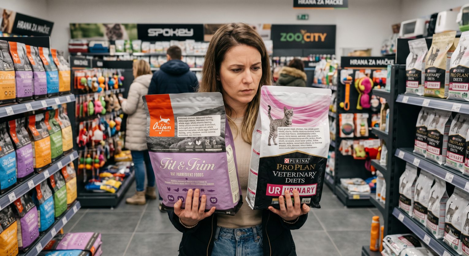 Person comparing two cat food bags in a pet store, reading ingredient labels carefully to evaluate brand quality and AAFCO compliance