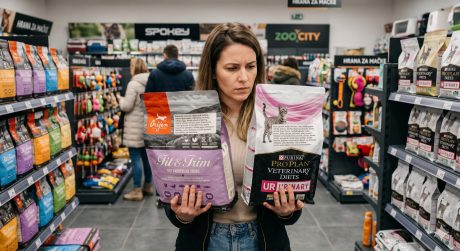 Person comparing two cat food bags in a pet store, reading ingredient labels carefully to evaluate brand quality and AAFCO compliance