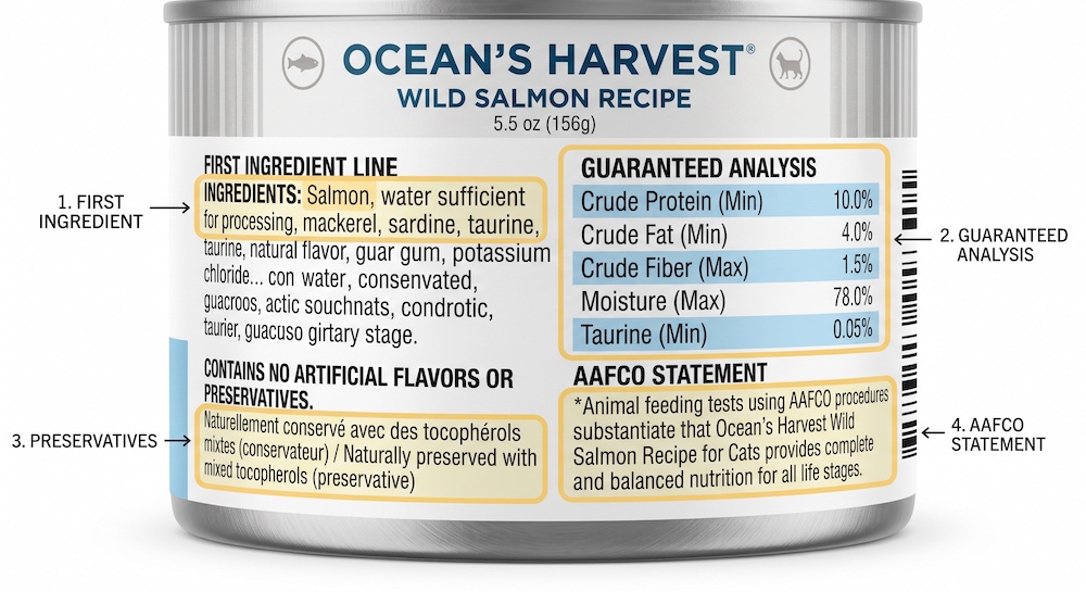 Close-up of a cat food can label with the AAFCO statement, first ingredient, taurine listing, and preservative section highlighted as the four key areas to check before buying