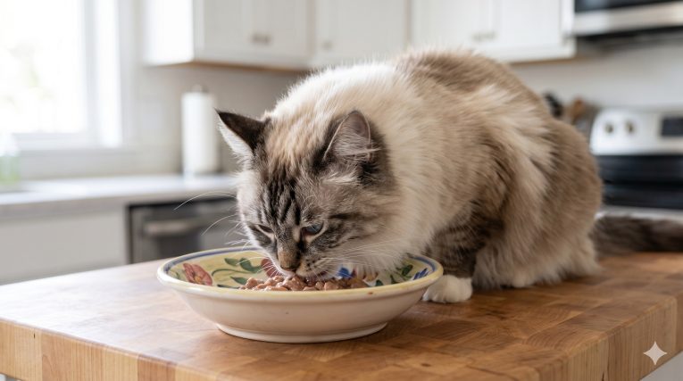 Cat eating from a clean bowl of sensitive stomach cat food, representing the dietary management of feline digestive issues