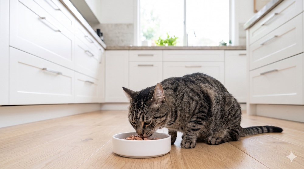 Mixed breed domestic shorthair cat eating wet food from a ceramic bowl showing the importance of moisture for urinary health