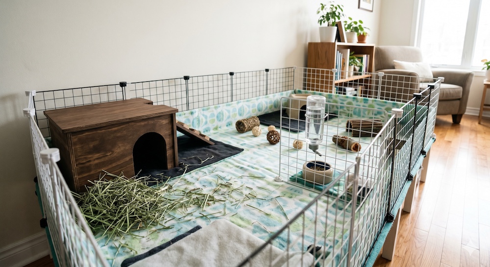 Spacious guinea pig enclosure with hay, hideouts, water bottle, and two guinea pigs showing appropriate size and enrichment