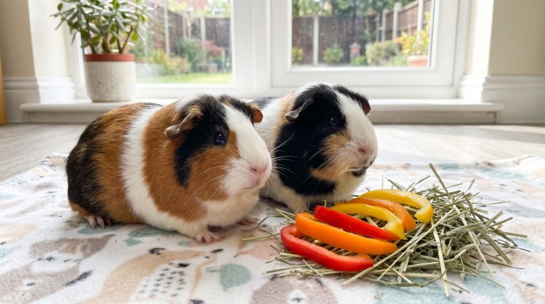 Healthy guinea pig sitting beside fresh vegetables and timothy hay in a clean indoor habitat with a second guinea pig nearby