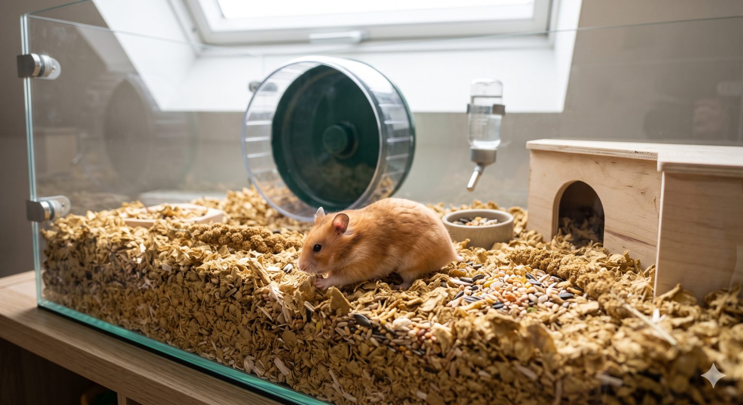 Syrian hamster exploring a large, deep-bedded enclosure with a silent wheel and tunnels, showing a well-set-up hamster habitat