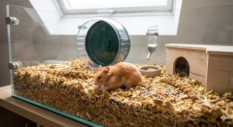 Syrian hamster exploring a large, deep-bedded enclosure with a silent wheel and tunnels, showing a well-set-up hamster habitat