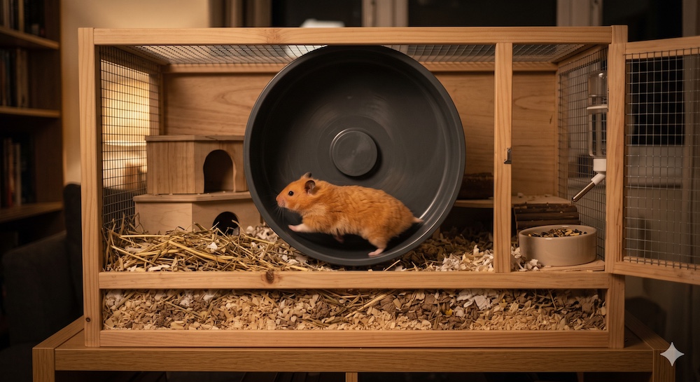 Hamster running on a large silent solid-surface wheel inside a well-bedded enclosure at night