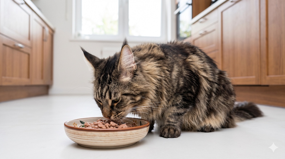 Large Maine Coon cat eating from a wide ceramic bowl of kibble formulated for large breed cats