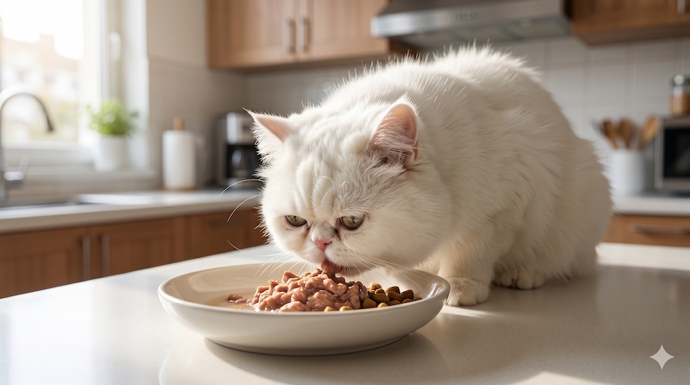 White Persian cat with flat face eating
from a wide flat bowl of breed-specific kibble
designed for brachycephalic jaw anatomy
