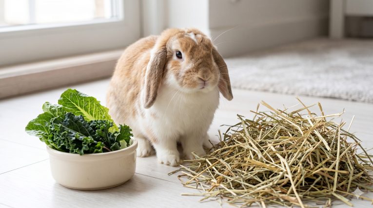 Healthy adult rabbit sitting beside a pile of fresh timothy hay and a bowl of leafy greens in a clean indoor habitat