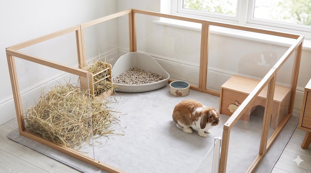 Well-set-up indoor rabbit enclosure with timothy hay, water bowl, litter box, and hiding space showing appropriate size and enrichment