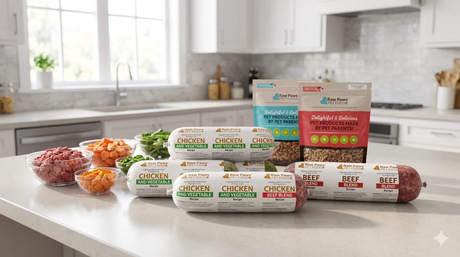 Raw Paws Pet Food frozen raw dog food packages displayed on a kitchen counter with fresh meat and vegetables visible