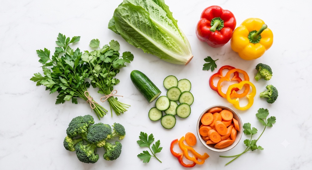Colorful spread of common vegetables and herbs arranged for reference—bell peppers, cucumber, broccoli, herbs, and leafy greens